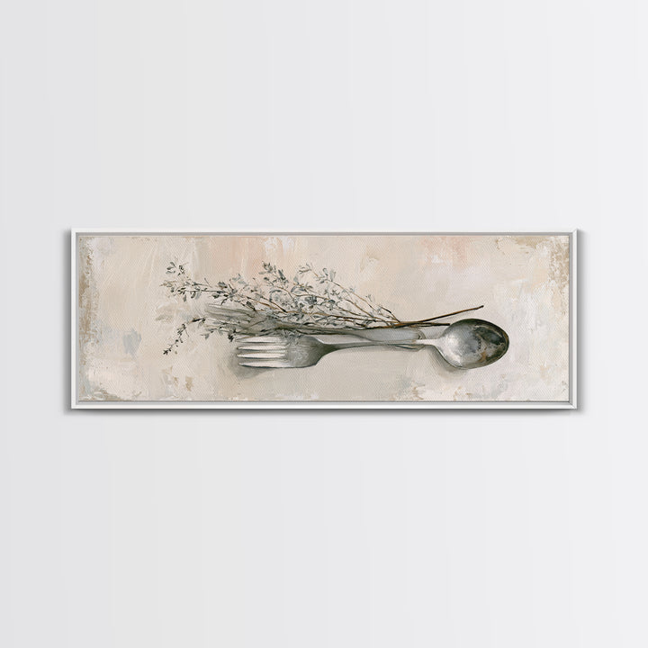 Minimal Fork Spoon and Herb Composition Canvas Print, Dining Room Art, Coastal Decor, Dining Room Decor, Oil Painting, Dining, DRA-3x1-62