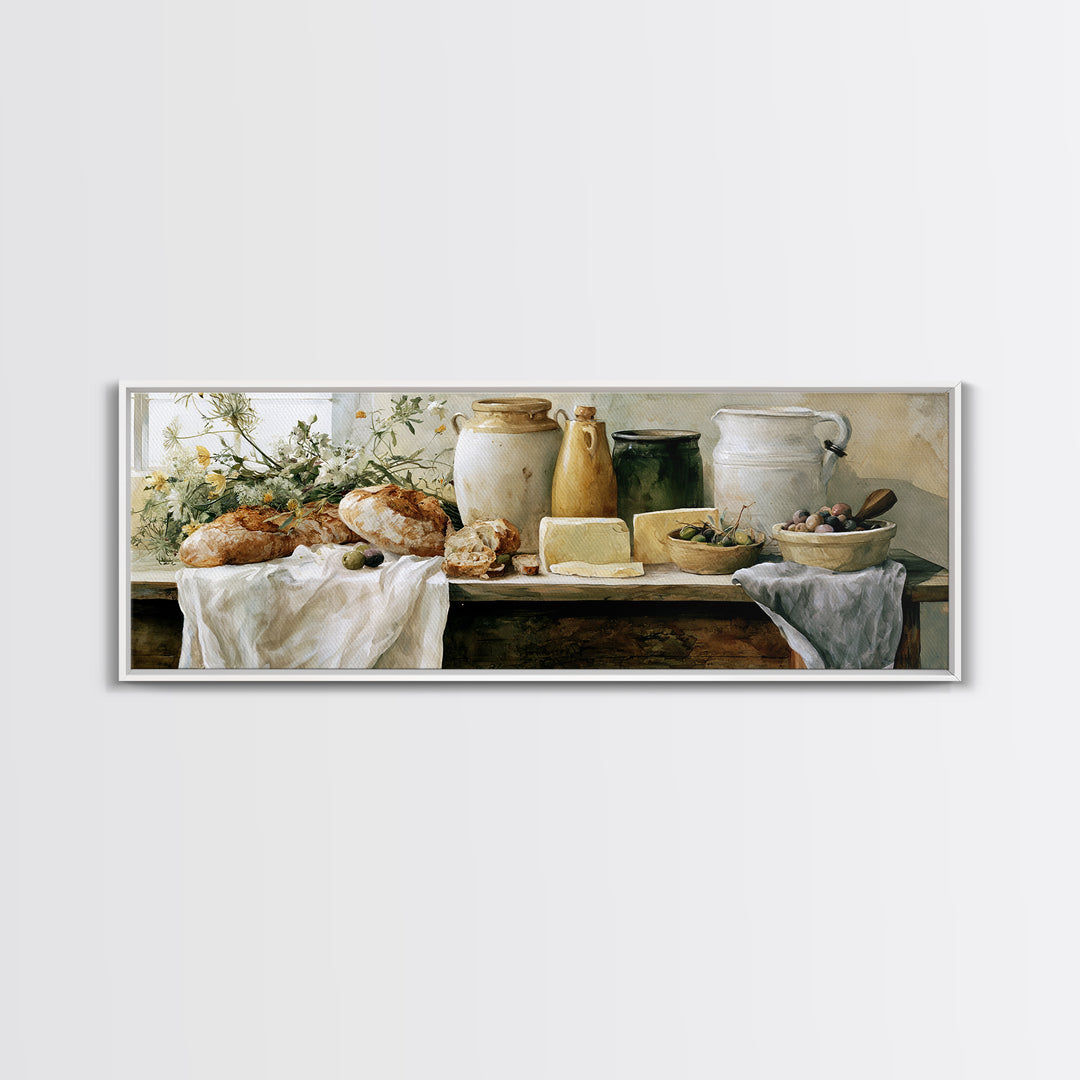 Rustic Bread Olives and Cheese Still Life Canvas Print, Dining Room Art, Modern Decor, Dining Room Decor, Oil Painting, Dining, DRA-3x1-70