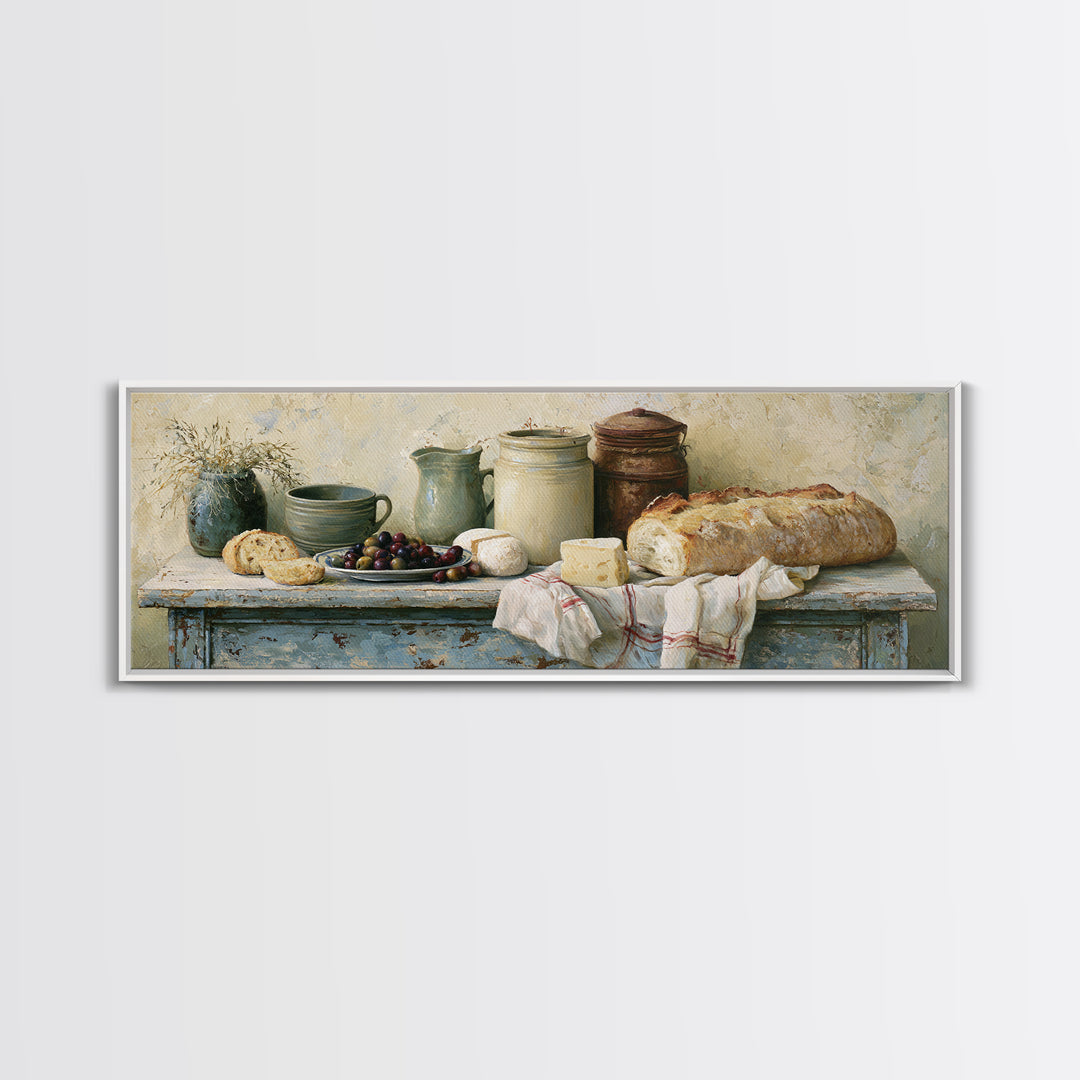 Rustic Bread Olives and Cheese Still Life Canvas Print, Dining Room Art, Dining Room Decor, Watercolor Art, Dining, DRA-3x1-94