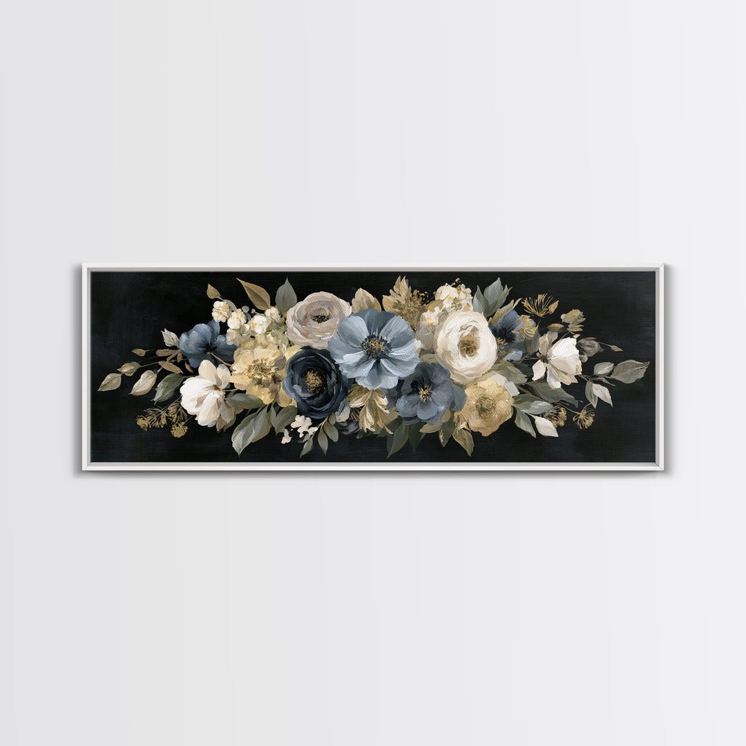 Moody Dark Background Bouquet for Formal Dining Framed Canvas Print, Dining Room Art, Wall Decor, Dining Room Decor, Dining, DRA-3x1-99