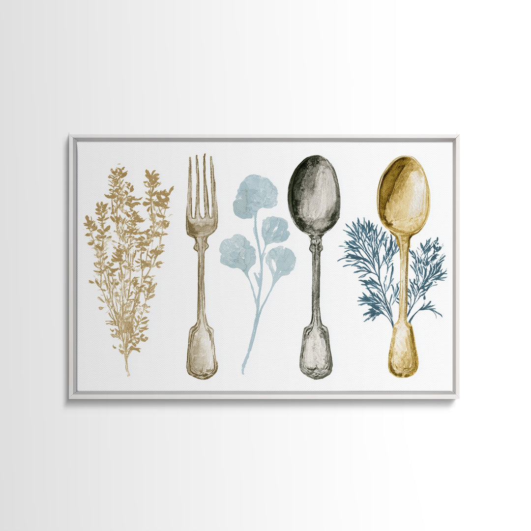 Minimal Fork Spoon and Herb Composition Framed Canvas Print, Dining Room Art, Minimalist Decor, Dining Room Decor, Dining, DRA-3x2-2