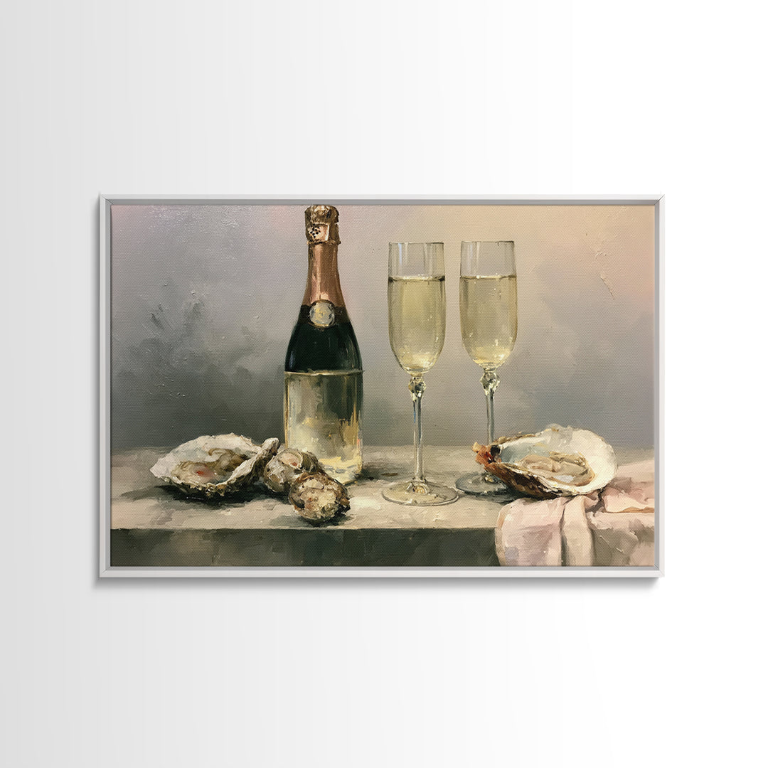 Elegant Oyster and Champagne Still Life Framed Canvas Print, Dining Room Art, Living Room Decor, Dining Room Decor, Dining, DRA-3x2-35