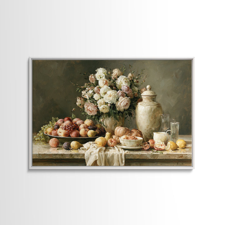 Classic Dutch Feast Arrangement Framed Canvas Print, Dining Room Art, Food Art, Dining Room Decor, Oil Painting, Dining, DRA-3x2-47