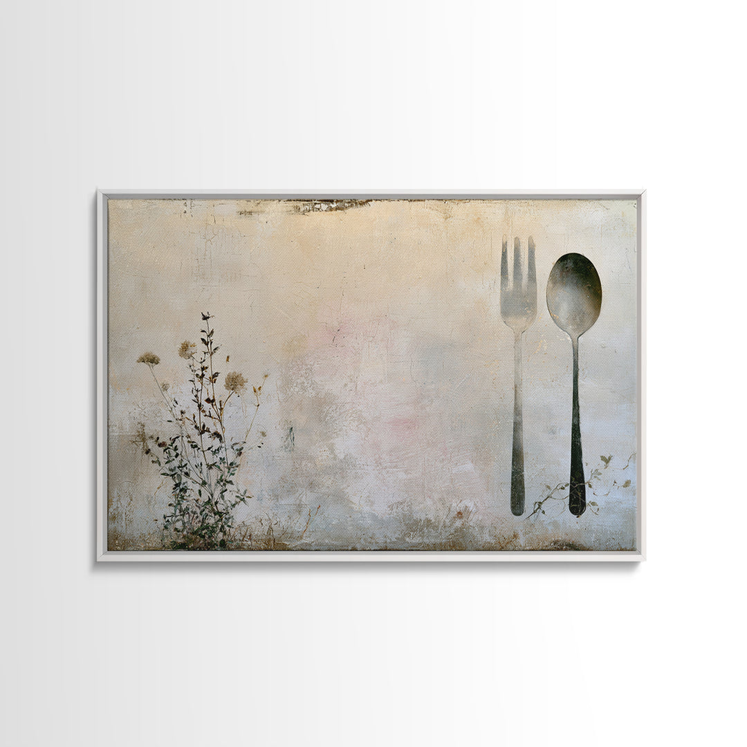 Minimal Fork Spoon and Herb Composition Framed Canvas Print, Dining Room Art, Kitchen Decor, Dining Room Decor, Oil Painting, DRA-3x2-50
