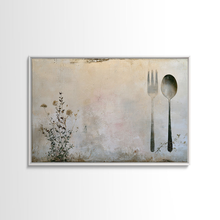 Minimal Fork Spoon and Herb Composition Framed Canvas Print, Dining Room Art, Kitchen Decor, Dining Room Decor, Oil Painting, DRA-3x2-50