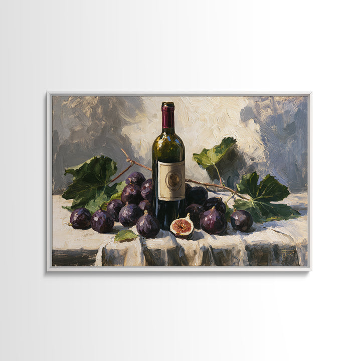 Wine Bottle and Figs on a Linen Framed Canvas Print, Dining Room Art, Boho Decor, Dining Room Decor, Abstract Art, Dining, DRA-3x2-55