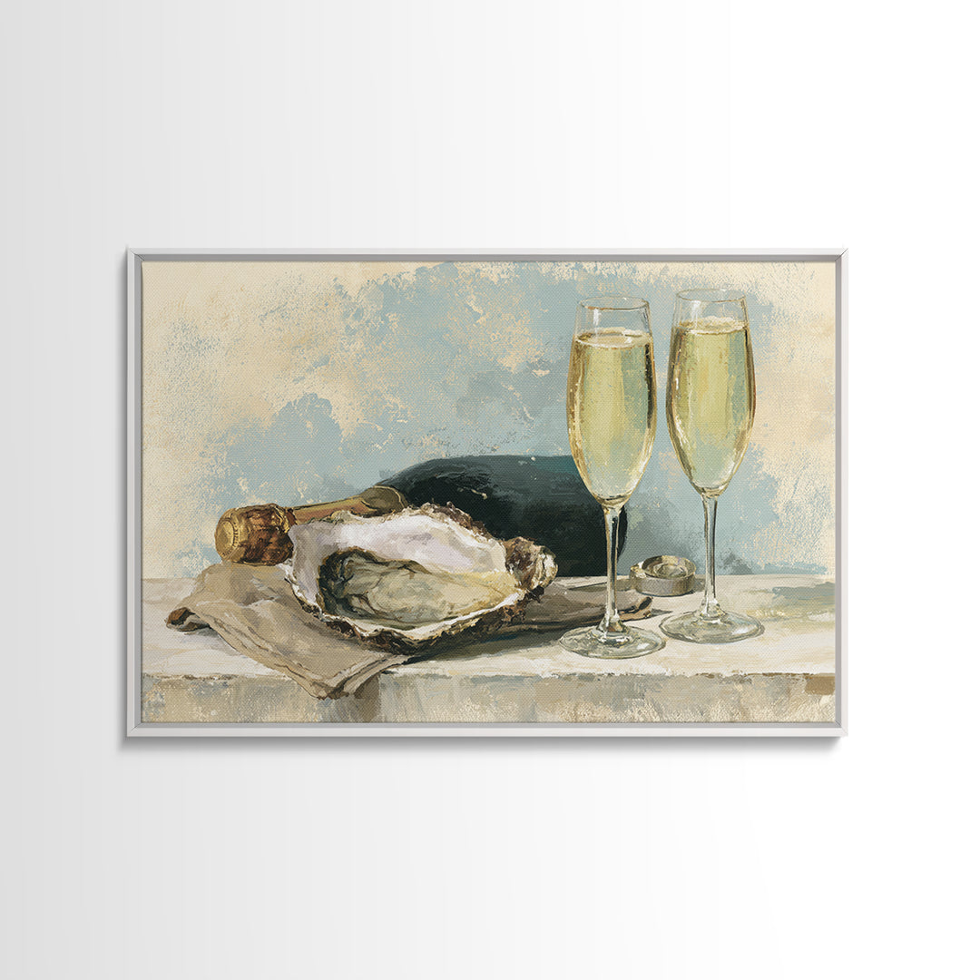 Elegant Oyster and Champagne Still Life Framed Canvas Print, Dining Room Art, Kitchen Prints, Dining Room Decor, Oil Painting, DRA-3x2-59