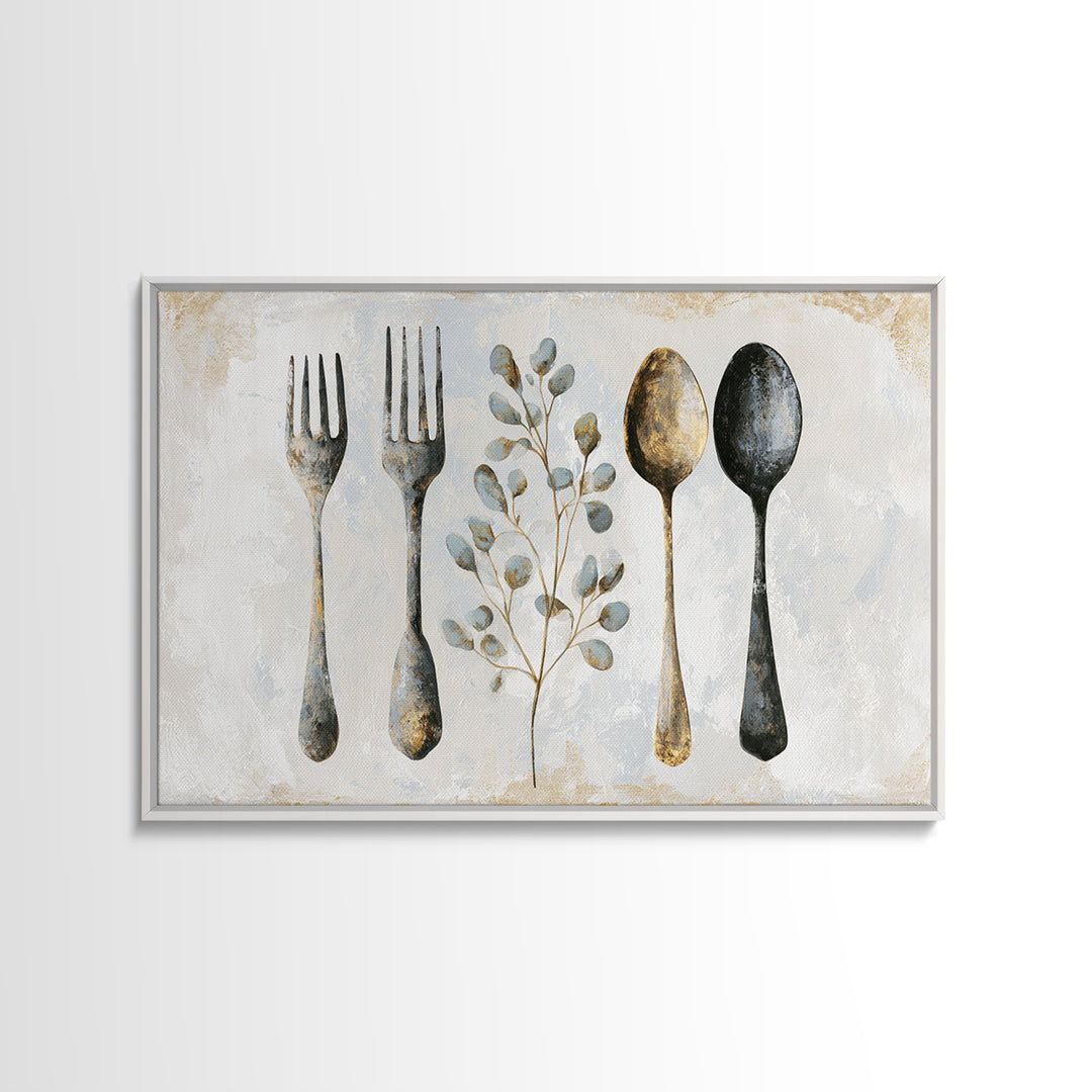Minimal Fork Spoon and Herb Composition Framed Canvas Print, Dining Room Art, Kitchen Decor, Dining Room Decor, Oil Painting, DRA-3x2-74