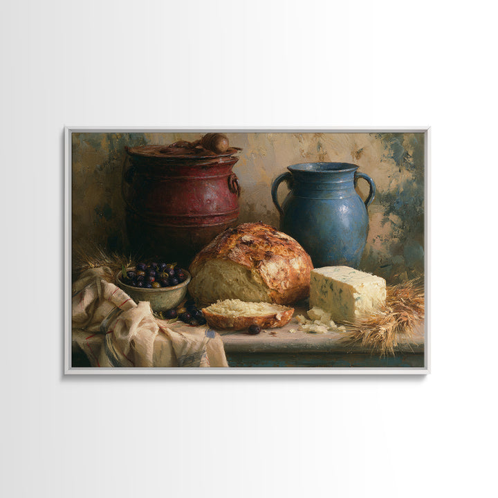 Rustic Bread Olives and Cheese Still Life Canvas Print, Dining Room Art, Watercolor Painting, Dining Room Decor, Dining, DRA-3x2-82