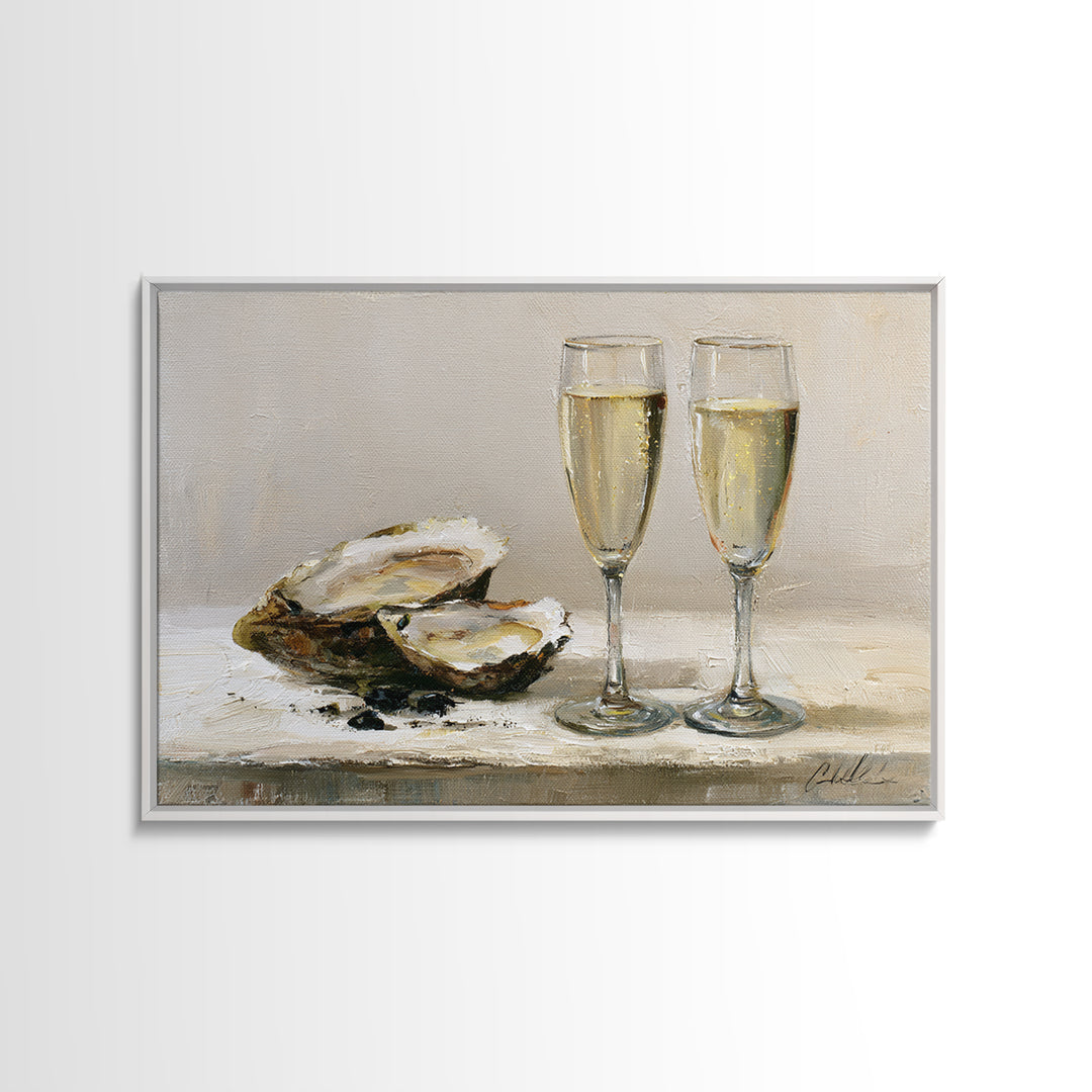 Elegant Oyster and Champagne Still Life Canvas Print, Dining Room Art, Neutral Decor, Dining Room Decor, Fine Art, Dining, DRA-3x2-83
