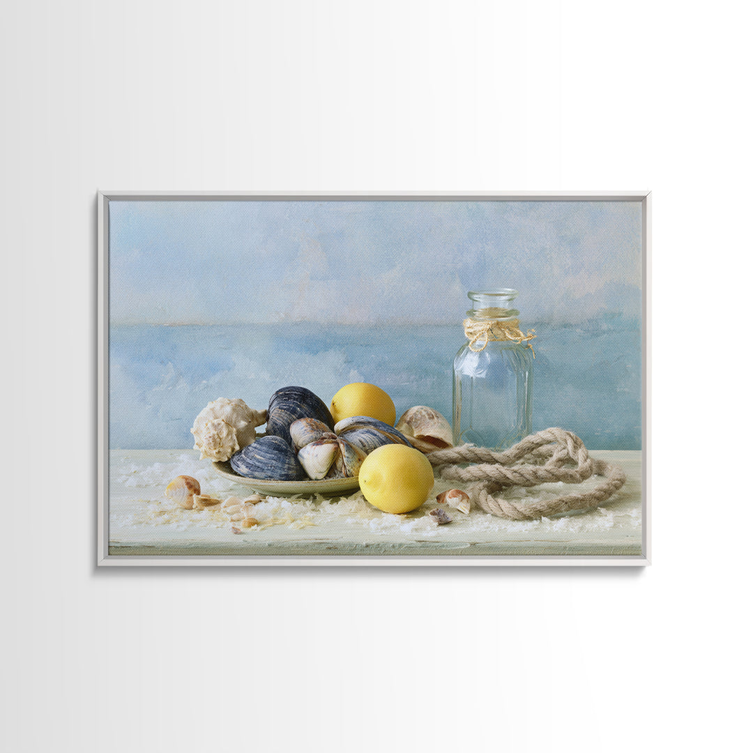 Shellfish and Lemon Still Life Framed Canvas Print, Dining Room Art, Trendy Wall Art, Dining Room Decor, Fine Art, Dining, DRA-3x2-92
