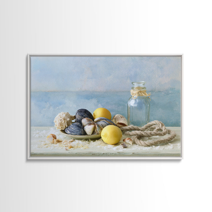 Shellfish and Lemon Still Life Framed Canvas Print, Dining Room Art, Trendy Wall Art, Dining Room Decor, Fine Art, Dining, DRA-3x2-92