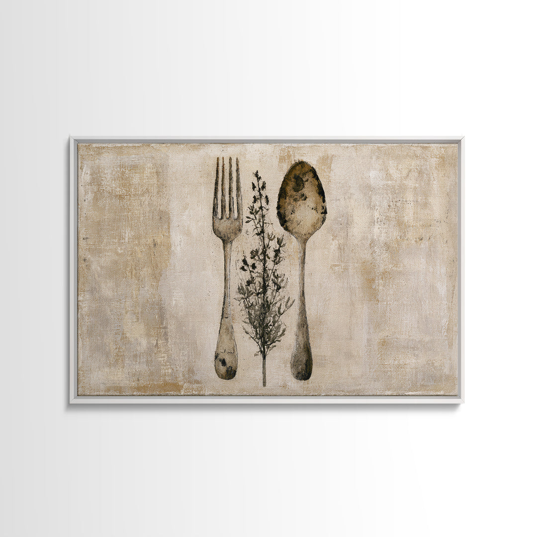 Minimal Fork Spoon and Herb Composition Canvas Print, Dining Room Art, Living Room Decor, Dining Room Decor, Fine Art, Dining, DRA-3x2-98