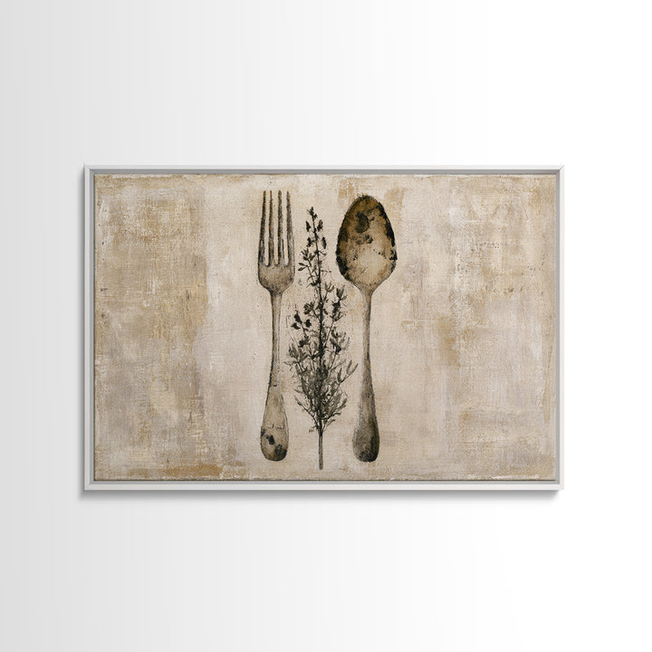Minimal Fork Spoon and Herb Composition Canvas Print, Dining Room Art, Living Room Decor, Dining Room Decor, Fine Art, Dining, DRA-3x2-98