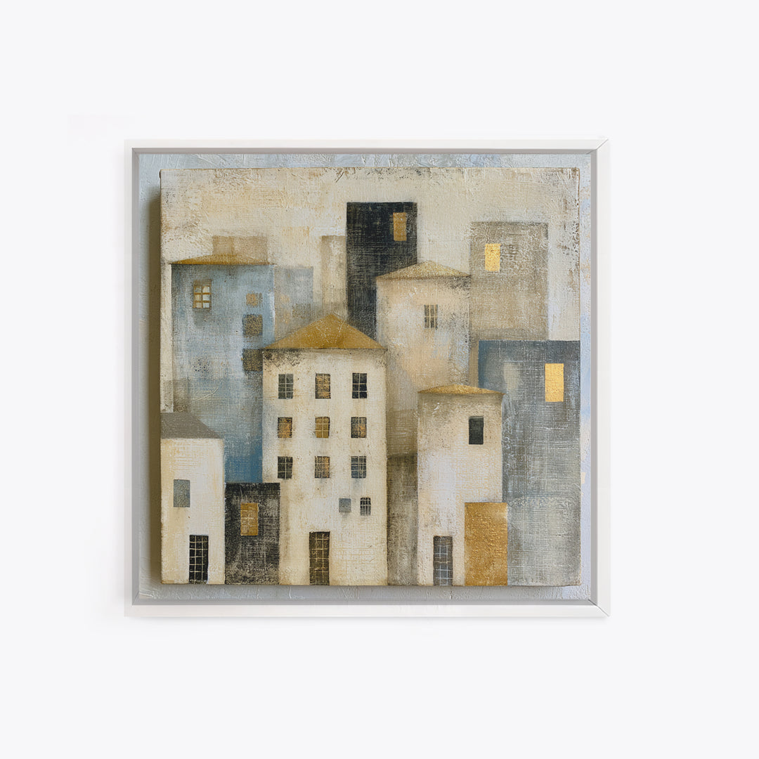 Naive Cityscape with Patterned Windows Framed Canvas Print, Eclectic Art, Art, Living Room Decor, Fine Art, Eclectic, ECL-1x1-12