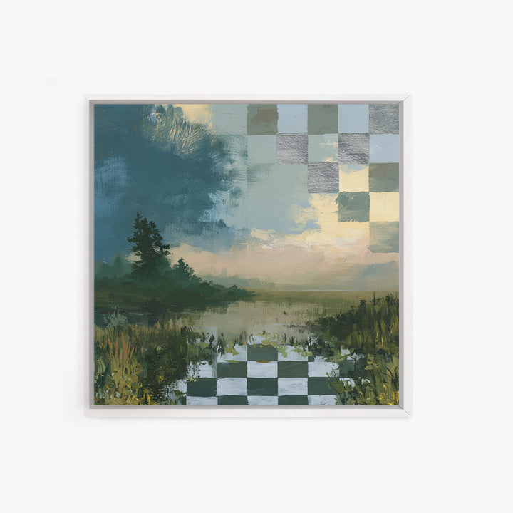 Playful Checkerboard Landscape Framed Canvas Print, Eclectic Art, Printable Wall Art, Living Room Decor, Fine Art, Eclectic, ECL-1x1-33