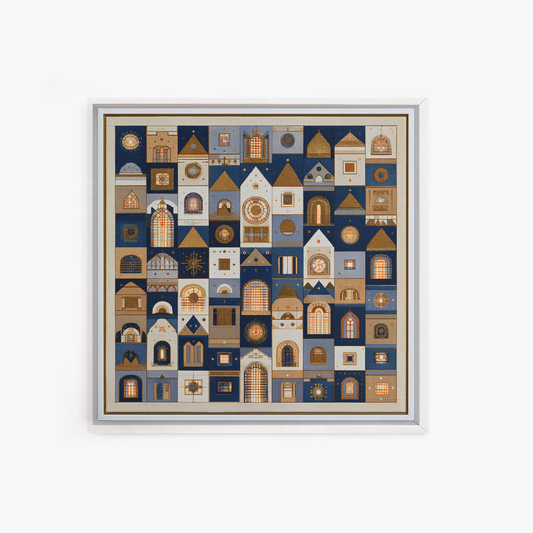 Naive Cityscape with Patterned Windows Canvas Print, Eclectic Art, Digital Art, Living Room Decor, Watercolor Art, Eclectic, ECL-1x1-36