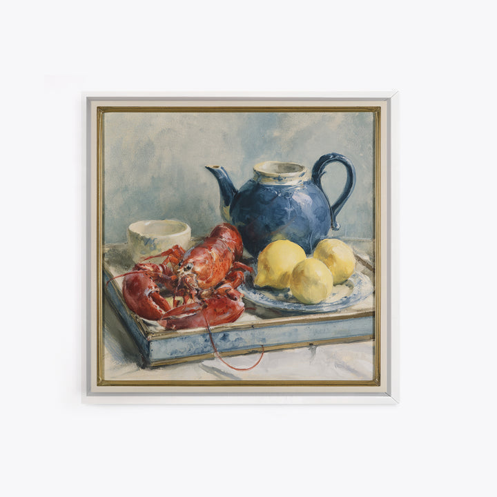 Unexpected Lobster and Lemons Still Life Framed Canvas Print, Eclectic Art, Fine Art Print, Living Room Decor, Abstract Art, ECL-1x1-42