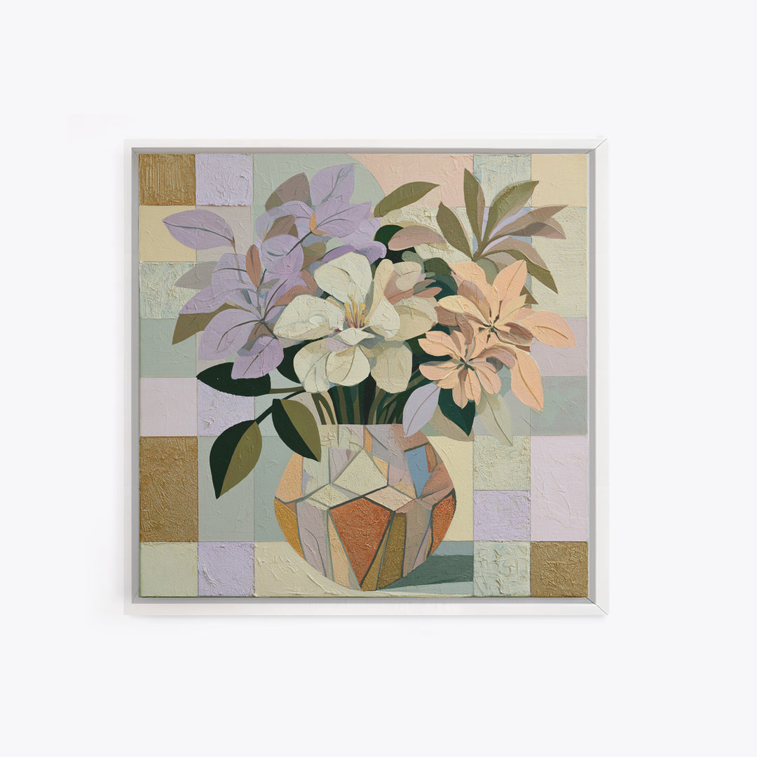 Retro Futurist Vase of Flowers Framed Canvas Print, Eclectic Art, Textured Painting, Living Room Decor, Fine Art, Eclectic, ECL-1x1-58