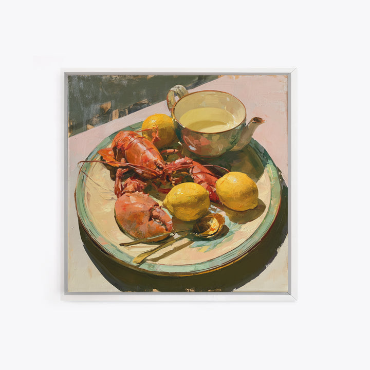 Unexpected Lobster and Lemons Still Life Framed Canvas Print, Eclectic Art, Fine Art Print, Living Room Decor, Abstract Art, ECL-1x1-66
