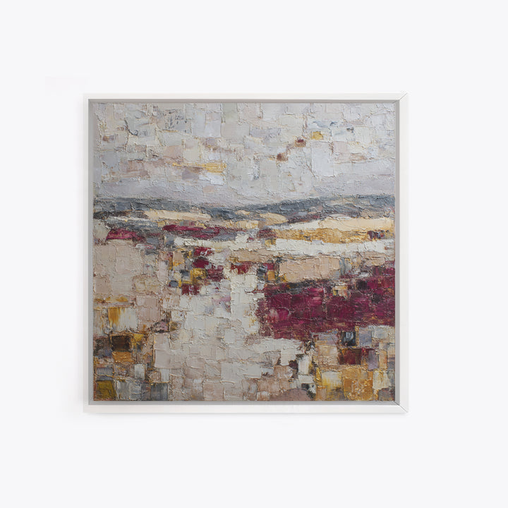 Naive Cityscape with Patterned Windows Framed Canvas Print, Eclectic Art, Boho Wall Art, Living Room Decor, Abstract Art, ECL-1x1-84
