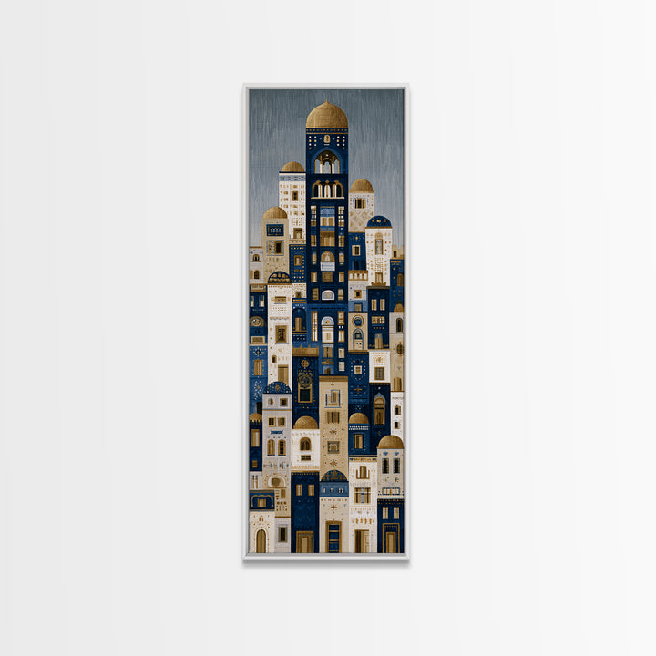 Naive Cityscape with Patterned Windows Framed Canvas Print, Eclectic Art, Portrait, Living Room Decor, Fine Art, Eclectic, ECL-1x3-24