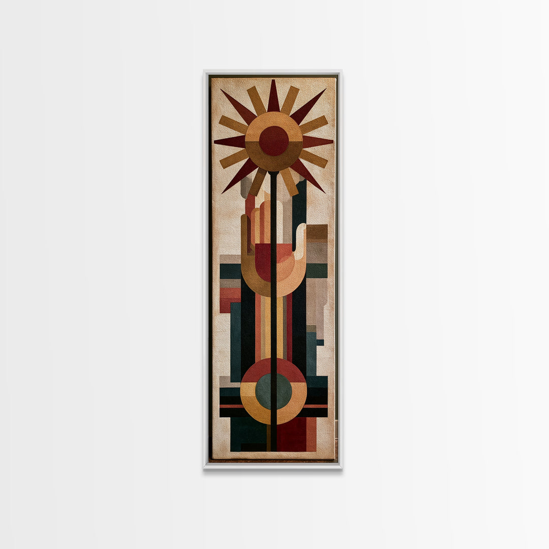 Geometric Sun and Hand Motif Framed Canvas Print, Eclectic Art, Boho Decor, Living Room Decor, Abstract Art, Eclectic, ECL-1x3-3