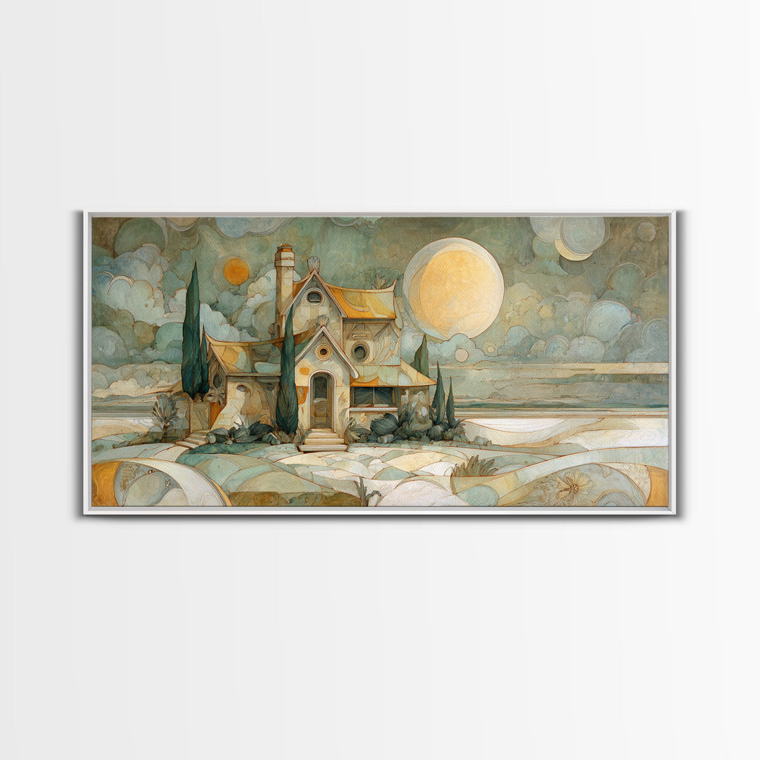 Folk Art House Framed Canvas Print, Eclectic Art, Digital Print, Living Room Decor, Watercolor Art, Eclectic, Fine Art Print, ECL-2x1-51