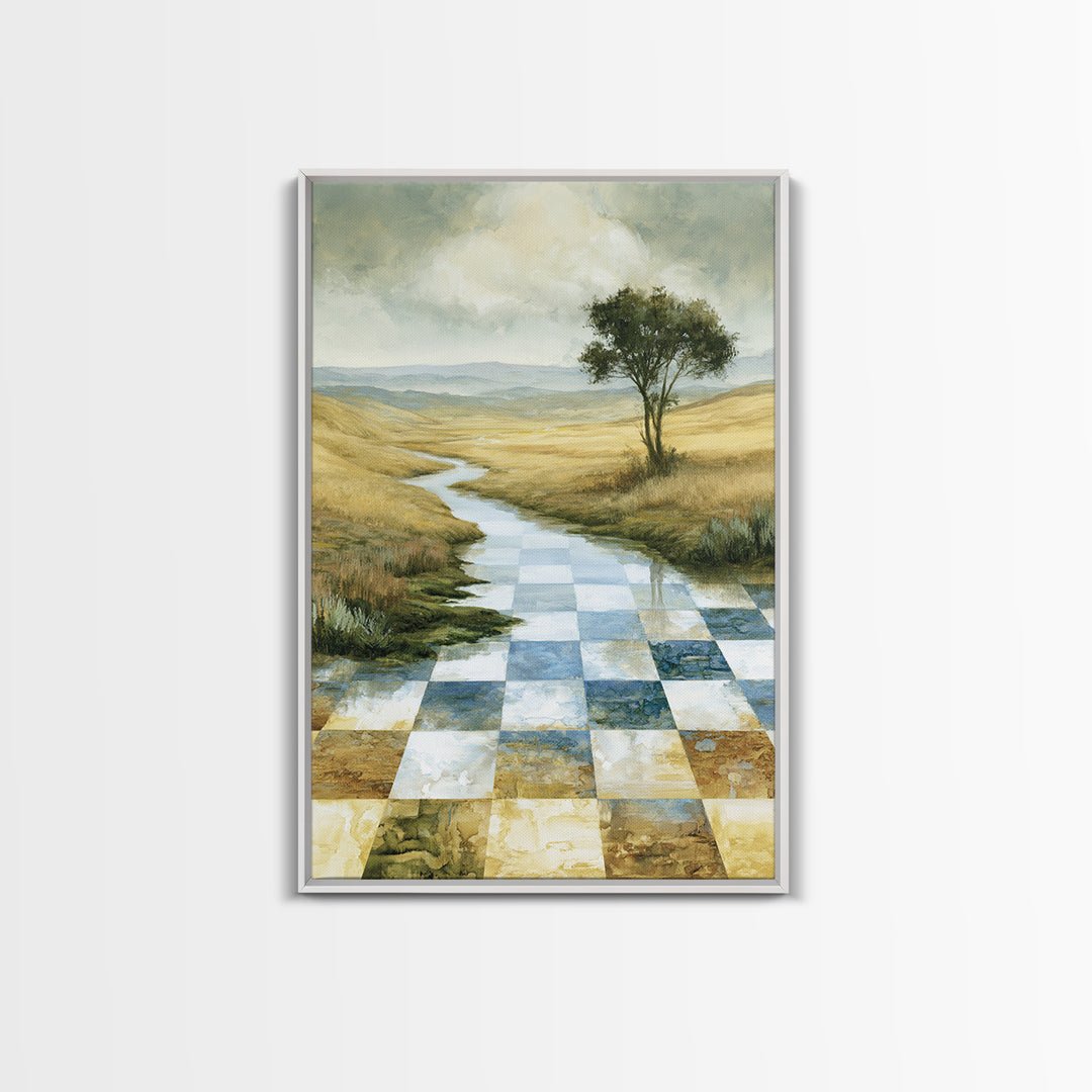 Playful Checkerboard Landscape Framed Canvas Print, Eclectic Art, Dopamine Decor, Living Room Decor, Fine Art, Eclectic, ECL-2x3-17