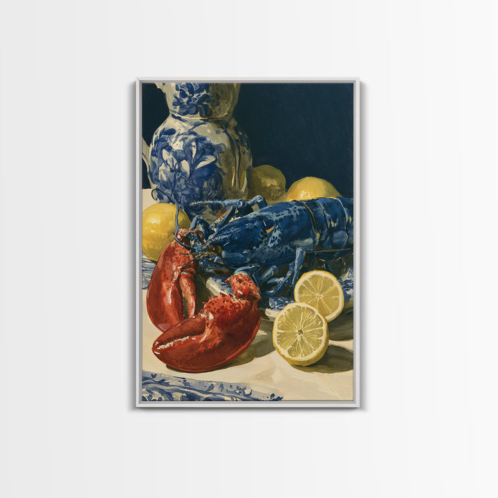 Unexpected Lobster and Lemons Still Life Framed Canvas Print, Eclectic Art, Digital Art, Living Room Decor, Abstract Art, ECL-2x3-2