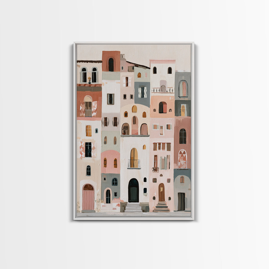 Naive Cityscape with Patterned Windows Framed Canvas Print, Eclectic Art, Neutral Decor, Living Room Decor, Oil Painting, ECL-2x3-20