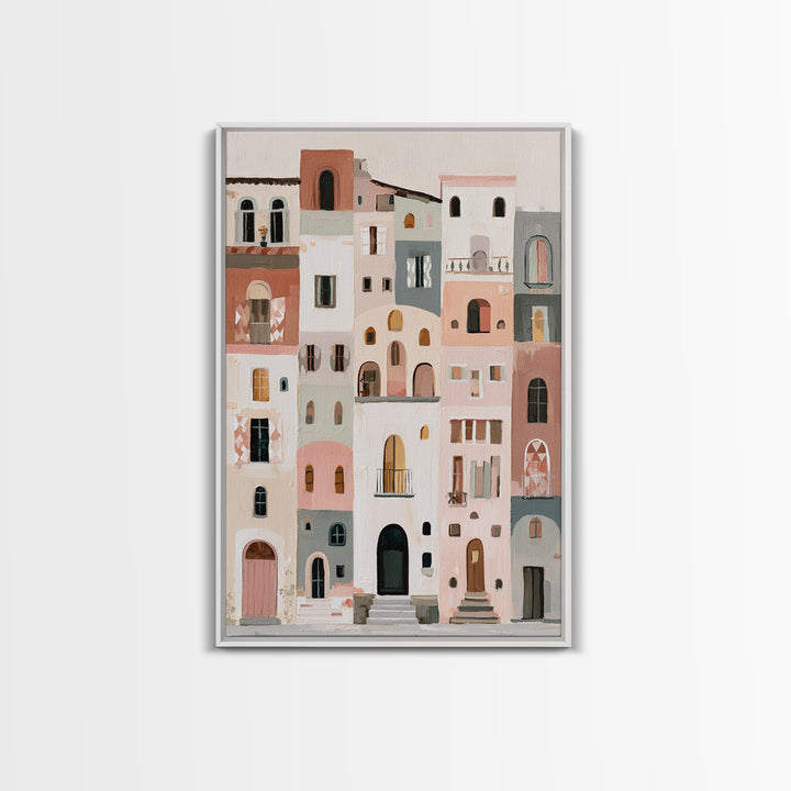 Naive Cityscape with Patterned Windows Framed Canvas Print, Eclectic Art, Neutral Decor, Living Room Decor, Oil Painting, ECL-2x3-20