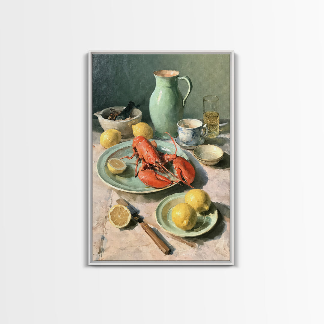 Unexpected Lobster and Lemons Still Life Framed Canvas Print, Eclectic Art, Digital Art, Living Room Decor, Abstract Art, ECL-2x3-26