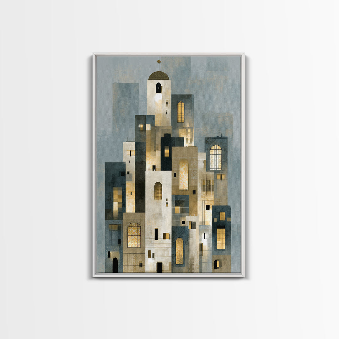 Naive Cityscape with Patterned Windows Framed Canvas Print, Eclectic Art, Living Room Decor, Watercolor Art, Eclectic, ECL-2x3-44