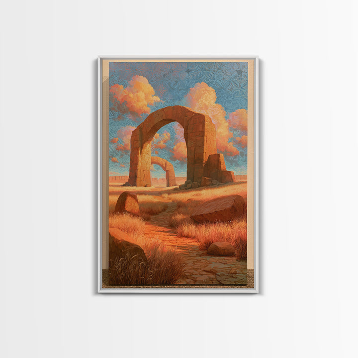 Surreal Desert with Floating Arches Framed Canvas Print, Eclectic Art, Printable, Living Room Decor, Oil Painting, Eclectic, ECL-2x3-6