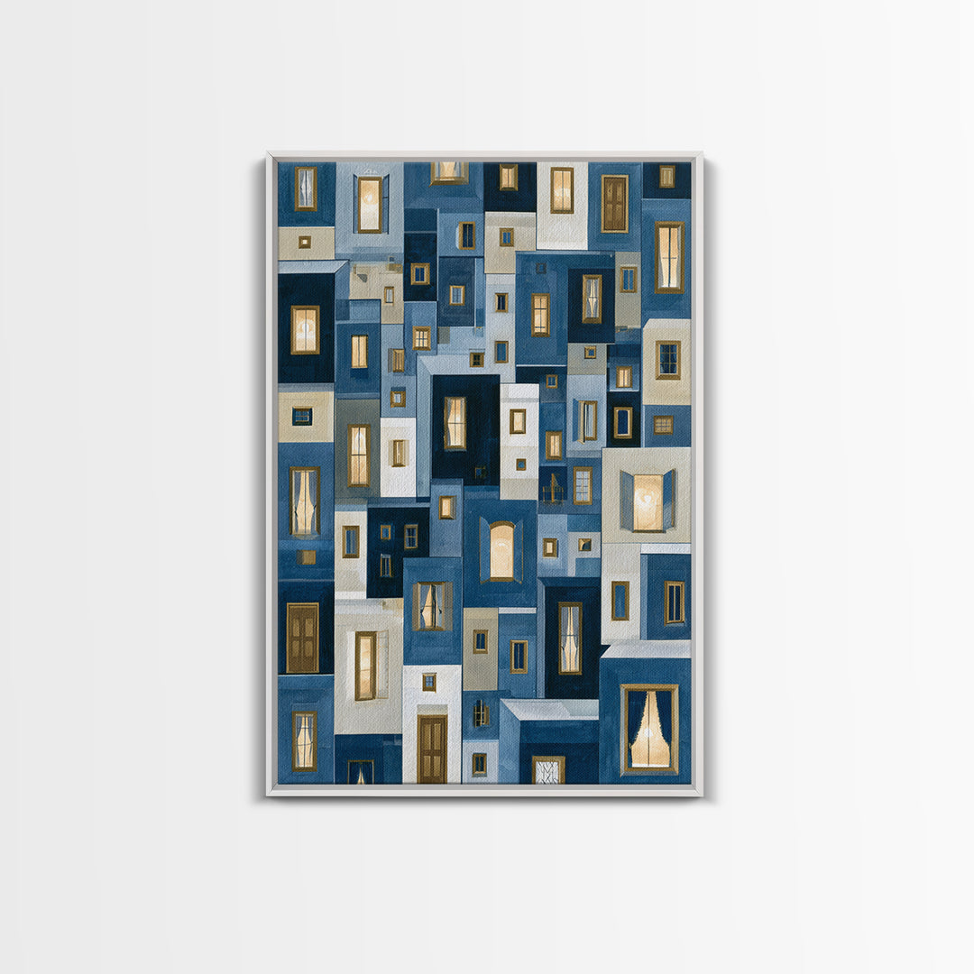 Naive Cityscape with Patterned Windows Framed Canvas Print, Eclectic Art, Luxury Decor, Living Room Decor, Fine Art, Eclectic, ECL-2x3-68
