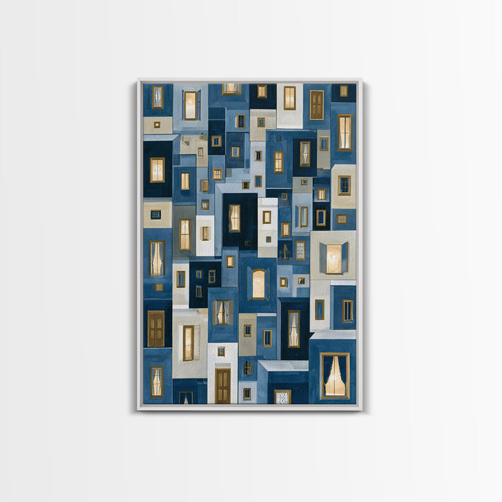 Naive Cityscape with Patterned Windows Framed Canvas Print, Eclectic Art, Luxury Decor, Living Room Decor, Fine Art, Eclectic, ECL-2x3-68