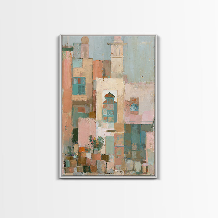 Naive Cityscape with Patterned Windows Framed Canvas Print, Eclectic Art, Original Art, Living Room Decor, Abstract Art, ECL-2x3-92