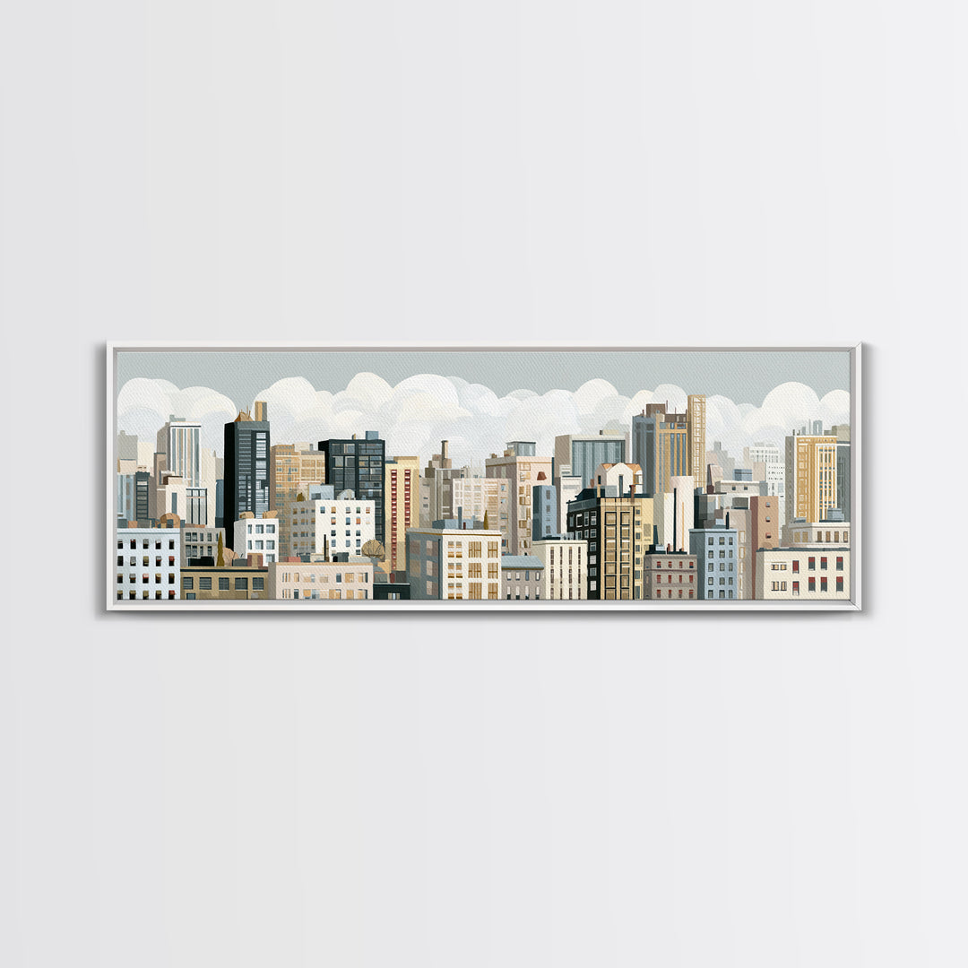 Naive Cityscape with Patterned Windows Canvas Print, Eclectic Art, Oil Painting, Living Room Decor, Abstract Art, Eclectic, ECL-3x1-100