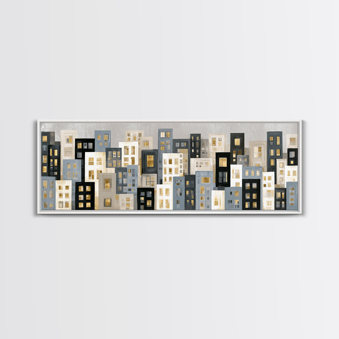 Naive Cityscape with Patterned Windows Framed Canvas Print, Eclectic Art, Gallery Decor, Living Room Decor, Oil Painting, ECL-3x1-28