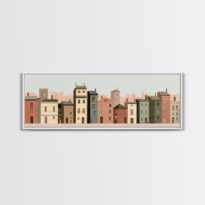 Naive Cityscape with Patterned Windows Canvas Print, Eclectic Art, Living Room Decor, Watercolor Art, Eclectic, ECL-3x1-4