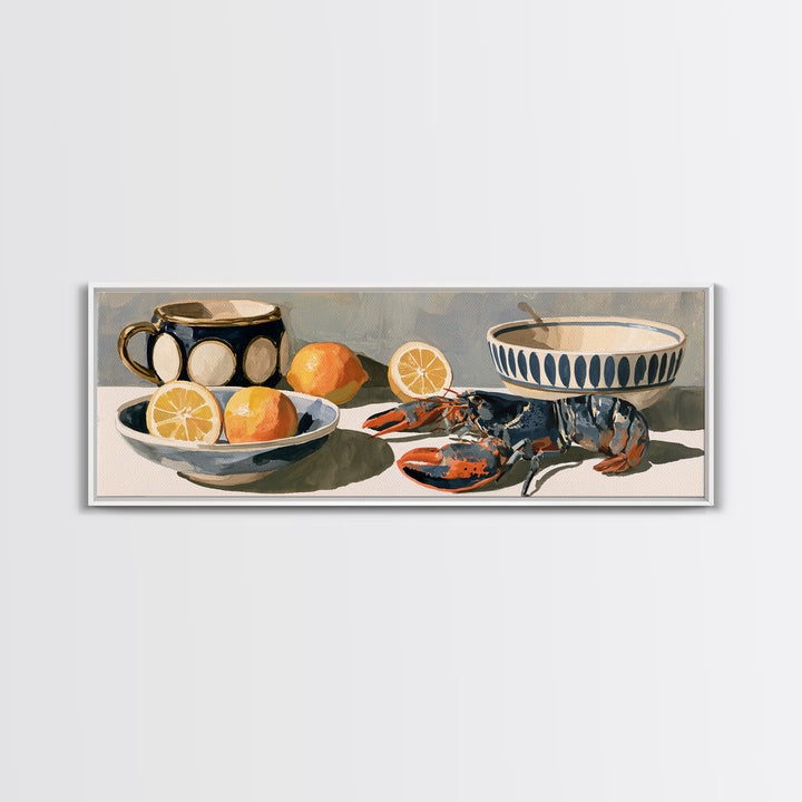 Unexpected Lobster and Lemons Still Life Framed Canvas Print, Eclectic Art, Dopamine Decor, Living Room Decor, Eclectic, ECL-3x1-58