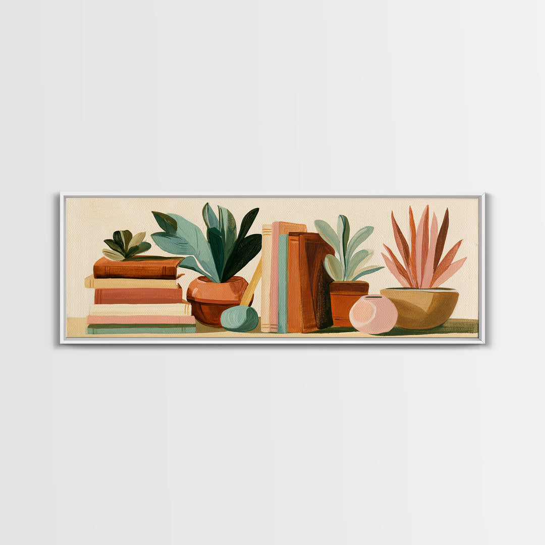 Colorful Book and Plant Still Life Framed Canvas Print, Eclectic Art, Art Prints, Living Room Decor, Fine Art, Eclectic, ECL-3x1-63
