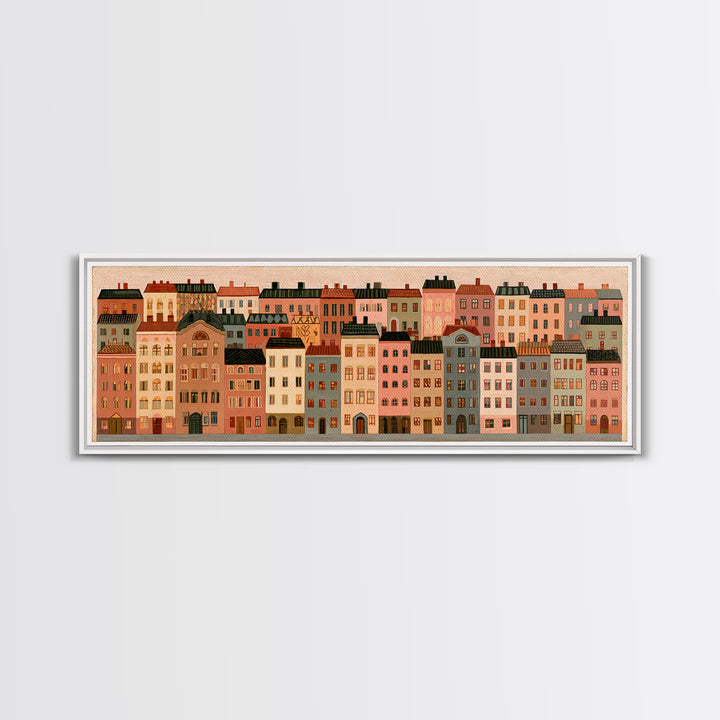 Naive Cityscape with Patterned Windows Canvas Print, Eclectic Art, Art Prints, Living Room Decor, Fine Art, Eclectic, ECL-3x1-76