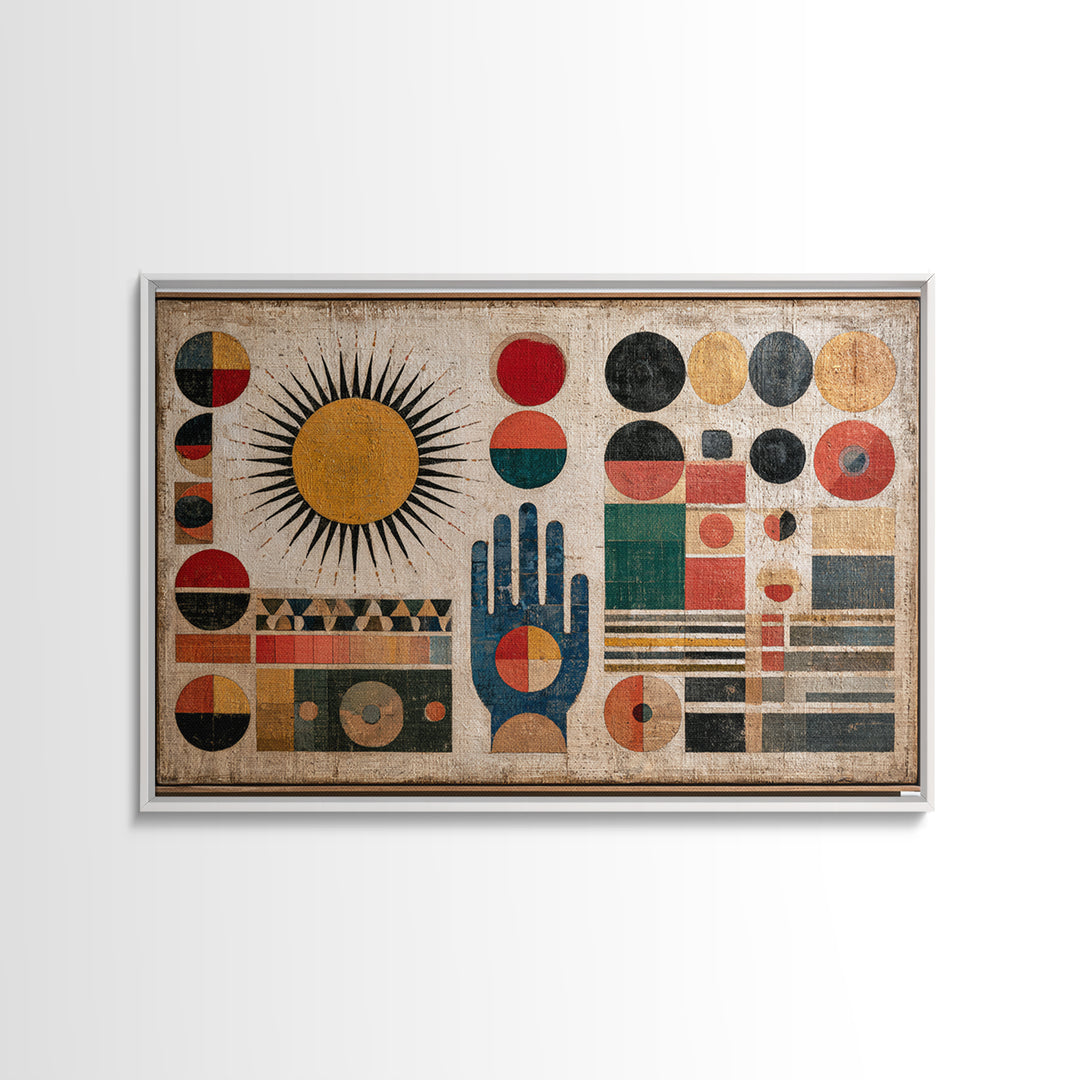 Geometric Sun and Hand Motif Framed Canvas Print, Eclectic Art, Boho, Living Room Decor, Abstract Art, Eclectic, ECL-3x2-19