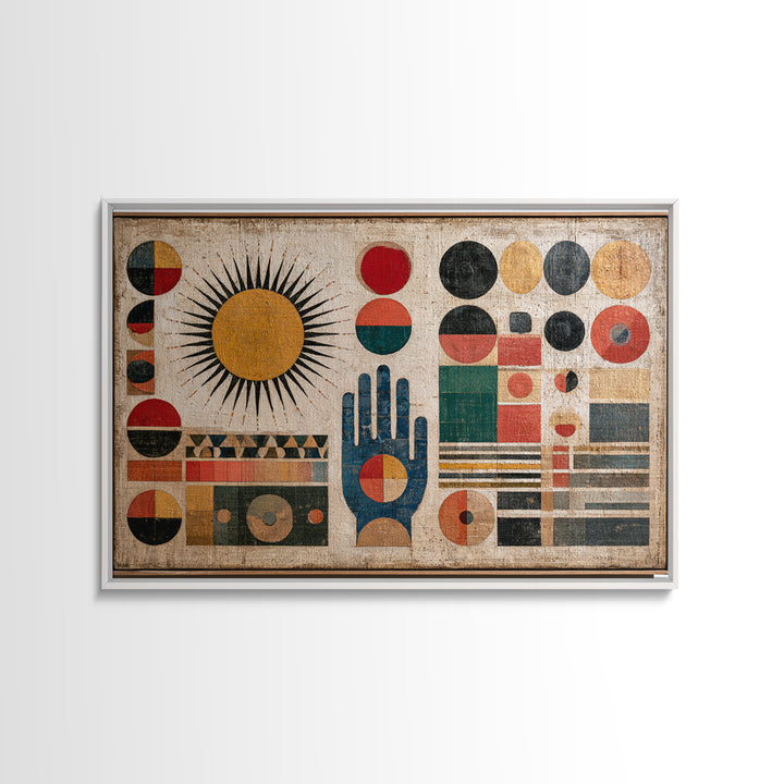 Geometric Sun and Hand Motif Framed Canvas Print, Eclectic Art, Boho, Living Room Decor, Abstract Art, Eclectic, ECL-3x2-19
