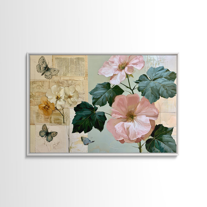 Botanical Collage with Butterflies and Old Paper Framed Canvas Print, Eclectic Art, Wall Decor, Living Room Decor, Eclectic, ECL-3x2-41