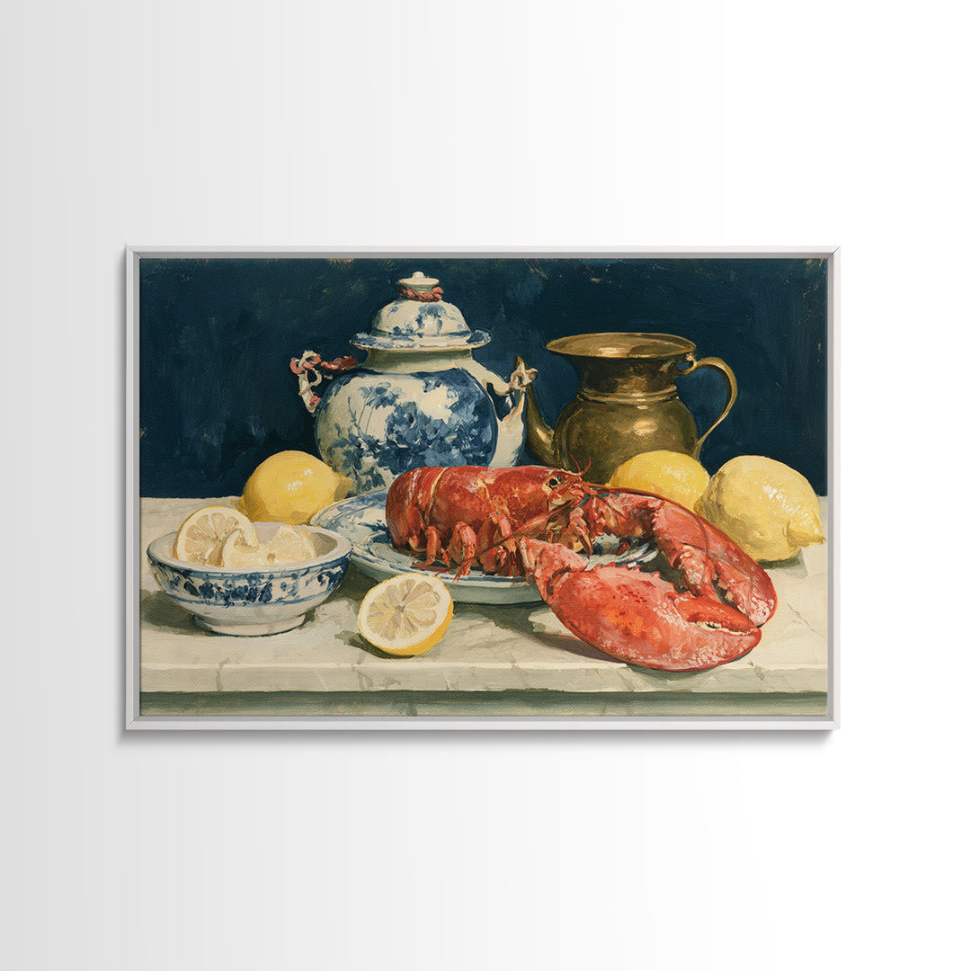 Unexpected Lobster and Lemons Still Life Framed Canvas Print, Eclectic Art, Neutral Decor, Living Room Decor, Eclectic, ECL-3x2-46