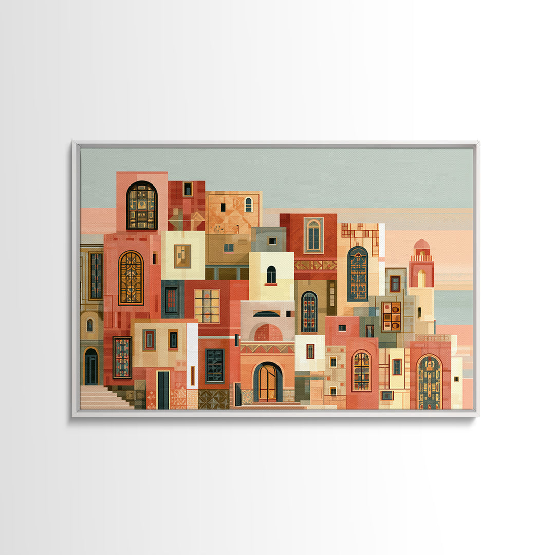 Naive Cityscape with Patterned Windows Framed Canvas Print, Eclectic Art, Original Art, Living Room Decor, Abstract Art, ECL-3x2-64