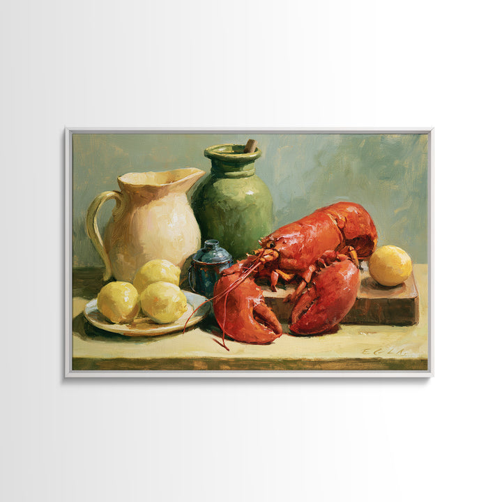 Unexpected Lobster and Lemons Still Life Framed Canvas Print, Eclectic Art, Neutral Decor, Living Room Decor, Eclectic, ECL-3x2-70